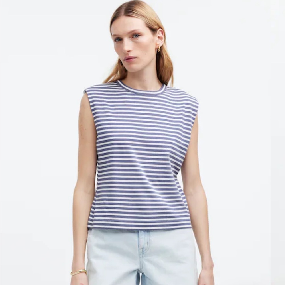 Madewell Navy and White Striped Muscle Tee - Picture 2 of 9